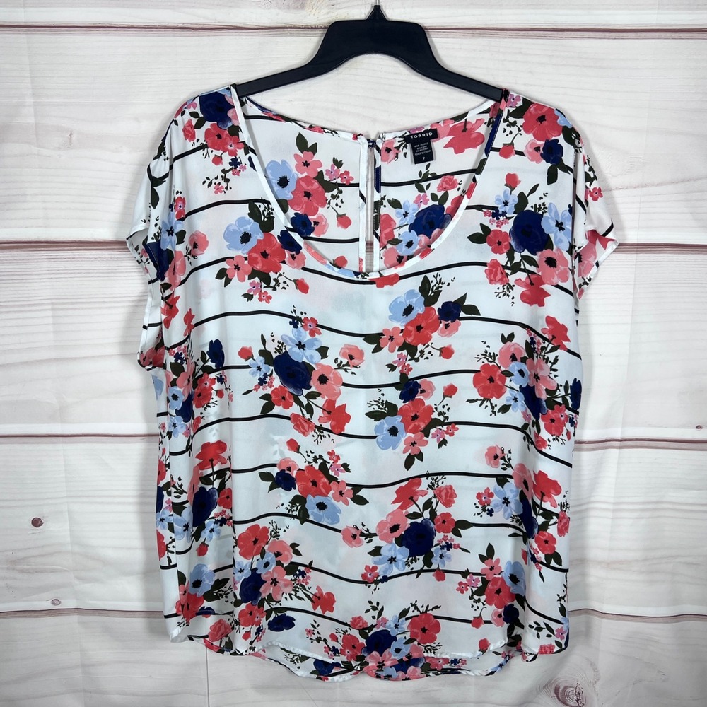 Torrid Blouse Womens 2 2X Multicolor Floral Striped Scoop Neck Short Sleeve Top